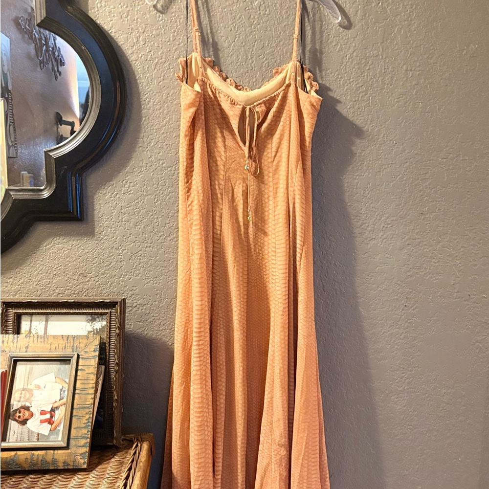 H&M Tan/Pale Orange Lined Maxi Dress Spaghetti Straps & Keyhole Back